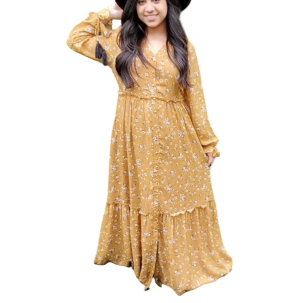 Aura Bohemian Ruffle Maxi Dress in Mustard Size M